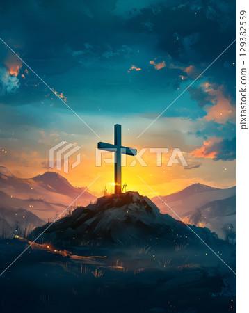 Crucifix symbolizing faith illuminated by a sunset on a mountain top 129382559