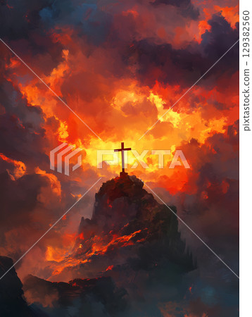 A silhouette of the crucifix on a mountain during a dramatic sunset with vibrant clouds 129382560