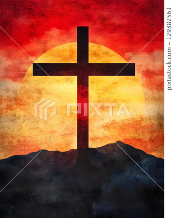 Crucifix silhouette against a vibrant sunset over rugged mountains during twilight 129382561