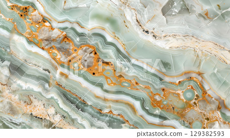 Jasper with intricate patterns in green and orange hues in natural formation 129382593