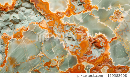 Beautiful Jasper stone texture with stunning orange and green hues in natural abstract patterns 129382608