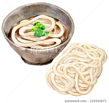 Watercolor illustration, hand-drawn illustration, warm udon, frozen udon Watercolor illustration, hand-drawn illustration, warm udon, frozen udon 129382671