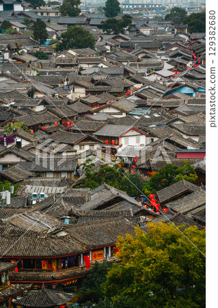Scenic Aerial View of Lijiang Old Town Rooftops, Yunnan, China Scenic Aerial View of Lijiang Old Town Rooftops, Yunnan, China 129382680
