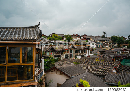 Scenic Aerial View of Lijiang Old Town Rooftops, Yunnan, China Scenic Aerial View of Lijiang Old Town Rooftops, Yunnan, China 129382681