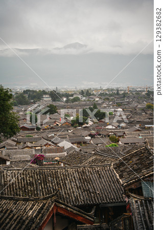 Scenic Aerial View of Lijiang Old Town Rooftops, Yunnan, China Scenic Aerial View of Lijiang Old Town Rooftops, Yunnan, China 129382682
