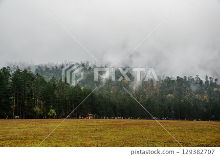 Misty Peaks Over Spruce Meadow in Yulong Snow Mountain, Lijiang, China 129382707