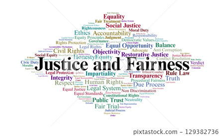 Justice And Fairness Word Cloud. Keywords About Equality, Rule Of Law, And Human Rights 129382736