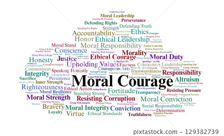 Moral Courage Word Cloud. Keywords On Integrity, Bravery, Ethics, And Responsibility Moral Courage Word Cloud. Keywords On Integrity, Bravery, Ethics, And Responsibility 129382739
