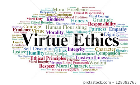 Virtue Ethics Word Cloud. Keywords About Moral Character, Integrity, And Justice 129382763