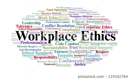 Workplace Ethics Word Cloud. Keywords About Integrity, Fairness, And Professional Conduct Workplace Ethics Word Cloud. Keywords About Integrity, Fairness, And Professional Conduct 129382764