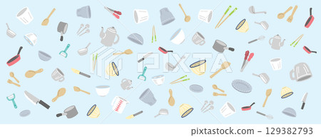 Hand drawn colorful kitchenware and cookware pattern background illustration Hand drawn colorful kitchenware and cookware pattern background illustration 129382793