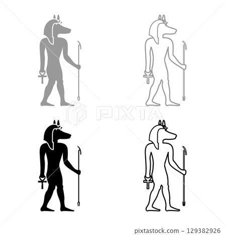 Anubis deity with jackal head ancient Egyptian god holds staff and anch cross silhouette mythical set icon grey black color vector illustration image solid fill outline contour line thin flat style Anubis deity with jackal head ancient Egyptian god holds staff and anch cross silhouette mythical set icon grey black color vector illustration image solid fill outline contour line thin flat style 129382926