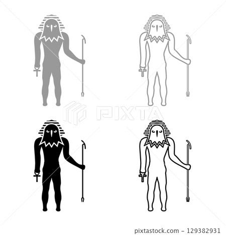 Egypt sun god deity Ra ancient with falcon head set icon grey black color vector illustration image solid fill outline contour line thin flat style Egypt sun god deity Ra ancient with falcon head set icon grey black color vector illustration image solid fill outline contour line thin flat style 129382931