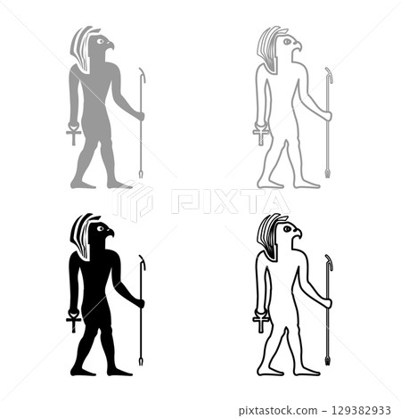 Egypt sun god deity Ra ancient with falcon head set icon grey black color vector illustration image solid fill outline contour line thin flat style Egypt sun god deity Ra ancient with falcon head set icon grey black color vector illustration image solid fill outline contour line thin flat style 129382933