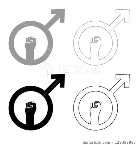 Anti feminism male symbol sign raised fist set icon grey black color vector illustration image solid fill outline contour line thin flat style 129382953