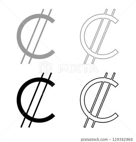 Costa Rica Colon currency symbol sign money set icon grey black color vector illustration image solid fill outline contour line thin flat style 129382968
