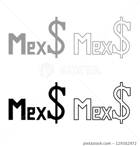 Mexico peso Currency MXN Mexican pesos dollar money MX$ set icon grey black color vector illustration image solid fill outline contour line thin flat style 129382972