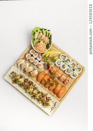 sushi mixed plate moriawase meal on plate in japanese restaurant 129383018