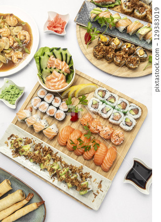 sushi mixed plate moriawase meal on plate in japanese restaurant 129383019