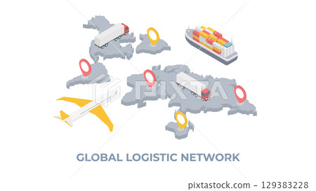 Global delivery isometry. Cargo, railway, train, plane or aircraft, ship or tanker logistic transport on a background map of the world. Delivery service global logistic. Fast delivery concept. Global delivery isometry. Cargo, railway, train, plane or aircraft, ship or tanker logistic transport on a background map of the world. Delivery service global logistic. Fast delivery concept. 129383228