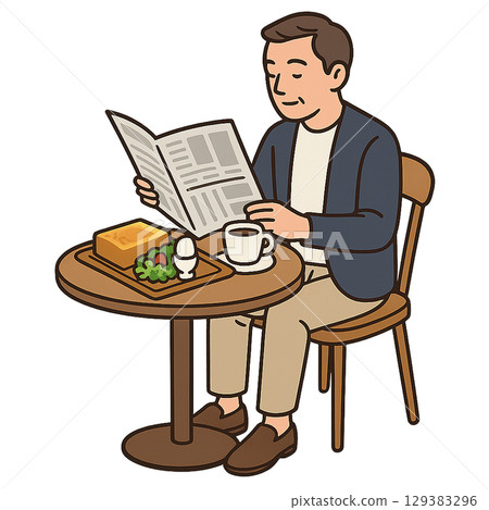 一位中年男子一邊吃早餐一邊看報紙 129383296