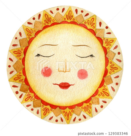 Sun. Watercolor illustration, hand drawn. Drawing for printing, postcards, stickers. Russian traditions, holiday, Maslenitsa  129383346