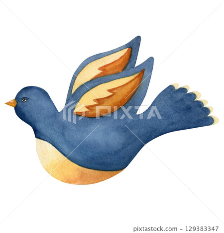 Watercolor illustration blue bird. Hand drawn isolated on white background. Drawing for postcards, stickers and scrapbooking  129383347
