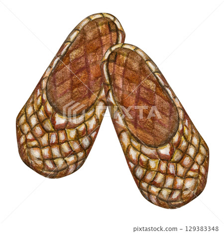 Watercolor illustration traditional slavic footwear, bast shoes. Hand drawn isolated on white background. Drawing for postcards, stickers and scrapbooking. Watercolor illustration traditional slavic footwear, bast shoes. Hand drawn isolated on white background. Drawing for postcards, stickers and scrapbooking. 129383348