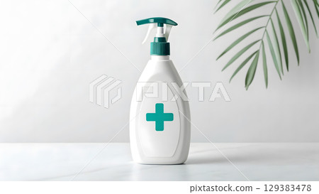 Hand sanitizer bottle on a clean surface with a green plant in the background 129383478