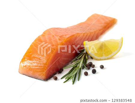 Smocked salmon piece with rosemary, lemon, and peppercorn isolated on white. Smocked salmon piece with rosemary, lemon, and peppercorn isolated on white. 129383548