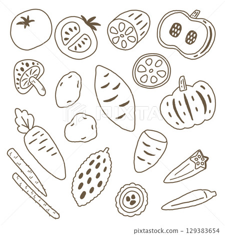 Line drawing illustration of vegetables 129383654