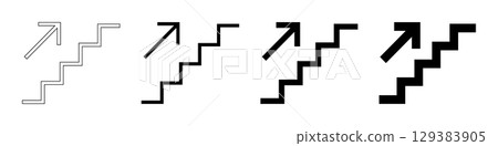 Stairs up icons set. Stairs with up arrow black icon. Vector isolated on white background. Stairs up icons set. Stairs with up arrow black icon. Vector isolated on white background. 129383905
