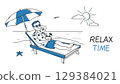 Travel vacation concept with character scene in whiteboard outline. Man sits in sun lounger under umbrella and relax, resting at resort. Vector illustration with line character situation for web. 129384021