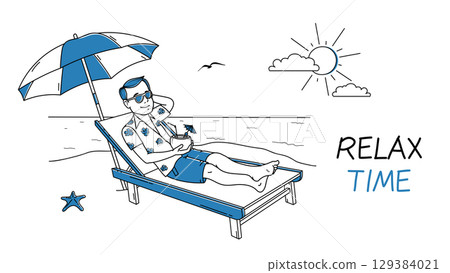 Travel vacation concept with character scene in whiteboard outline. Man sits in sun lounger under umbrella and relax, resting at resort. Vector illustration with line character situation for web. 129384021