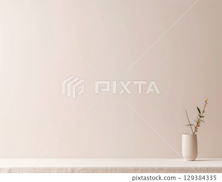 Minimalist interior with beige tablecloth and vase 129384335
