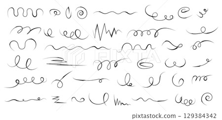 Set of black thin lines doodles for design. Fashion curls. Vector isolated on white background. 129384342