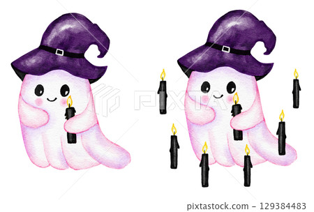 Hand drawn illustration of cute purple Halloween ghost in witch hat with trick or treat pink ectoplasm. Funny kids nursery holiday design in watercolor, creepy spooky print for children in lilac 129384483