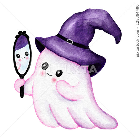 Hand drawn illustration of cute purple Halloween ghost in witch hat with trick or treat pink ectoplasm. Funny kids nursery holiday design in watercolor, creepy spooky print for children in lilac Hand drawn illustration of cute purple Halloween ghost in witch hat with trick or treat pink ectoplasm. Funny kids nursery holiday design in watercolor, creepy spooky print for children in lilac 129384490