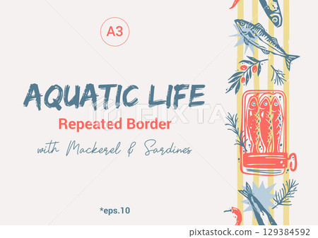Aquatic Life Repeated Borfer with Mackerel and Sardines Tin Can. Trendy Coastal Vertical Seamless Pa Aquatic Life Repeated Borfer with Mackerel and Sardines Tin Can. Trendy Coastal Vertical Seamless Pa 129384592
