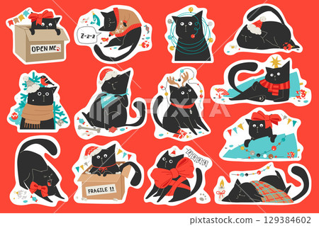 Black Christmas Cat Character Stickers Vector Illustration Set Black Christmas Cat Character Stickers Vector Illustration Set 129384602