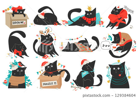 Black Mischievous Cat in Different Life Issues 129384604