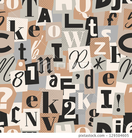 Blackmail note letters. Retro magazine collage vector alphabet seamless pattern 129384605