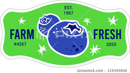 Farm Fresh Organic Blueberry Illustrated Produce Sticker Design Template PLU Code. Vector Package Ta 129384608