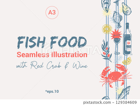 Fish Food Continuous Border with Red Crab and Wine. Trendy Mediterranean Vertical Seamless Pattern Fish Food Continuous Border with Red Crab and Wine. Trendy Mediterranean Vertical Seamless Pattern 129384609