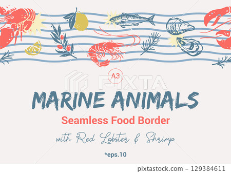 Marine Animals Repeated Borfer with Red Lobster and Shrimp. Trendy Coastal Seamless Pattern Marine Animals Repeated Borfer with Red Lobster and Shrimp. Trendy Coastal Seamless Pattern 129384611
