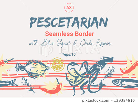 Pescetarian Seamless Borfer with Blue Squid. Trendy Coastal Horizontal Seamless Pattern 129384616