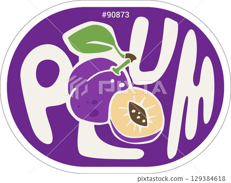 Plum Hand Drawn Lettering Custom Produce Sticker Design Template PLU Code. Vector Package Peeled Tag 129384618