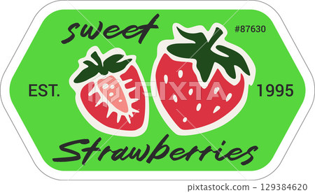 Produce Sticker Design Template with PLU Code and Strawberries. Vector Package Peeled Tag Isolated o 129384620