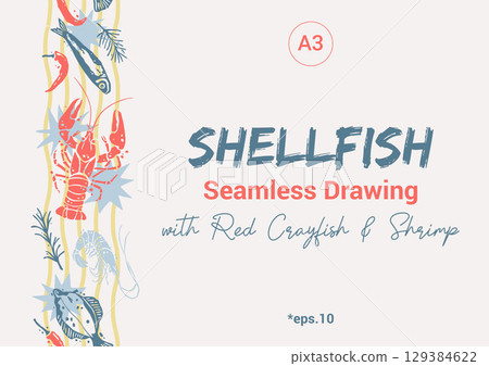 Shellfish Seamless Border with Red Crayfish and Wine. Trendy Mediterranean Vertical Pattern A3 129384622