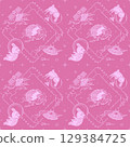 Seamless Minimal Line Art Space Pattern with Light Pink Astronaut Rabbits, Moon, Smoke Clouds, Satellites, UFOs, and Constellations on Pink Background 129384725